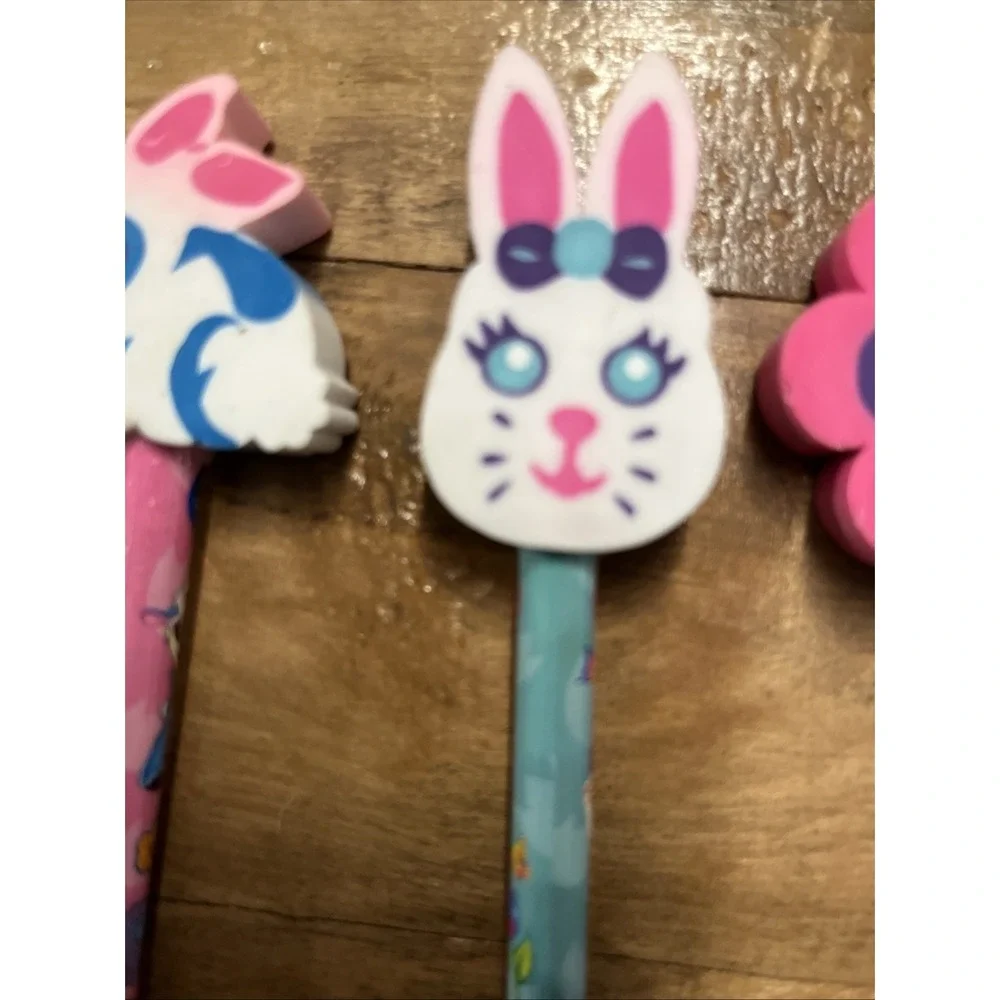 Vintage Lisa Frank Lot 6 NOS Pencils With Toppers Chick Egg Bear Egg Flower 90s